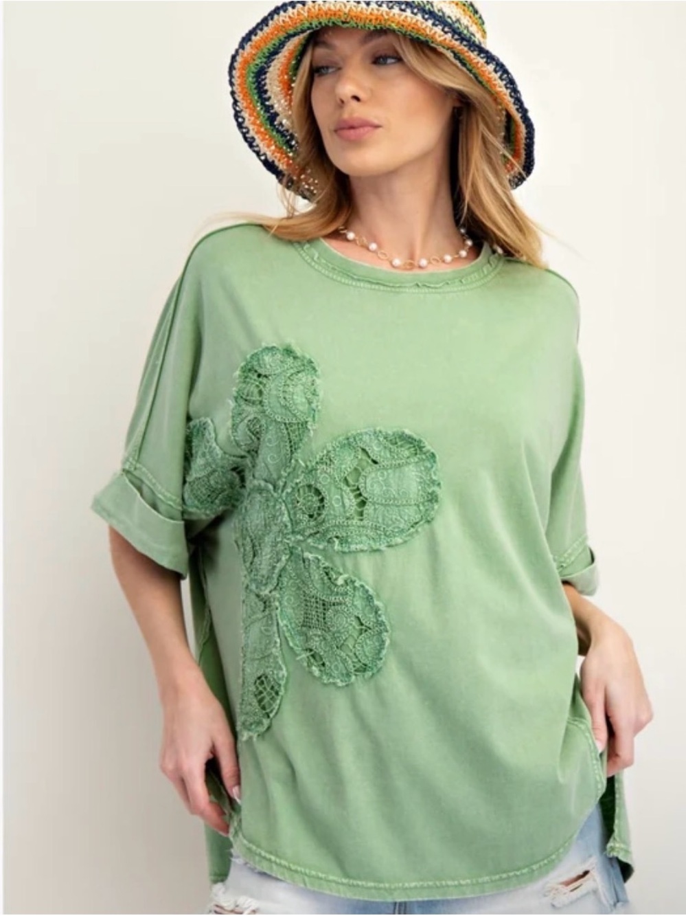 Easel Olive Green Floral Applique Tee